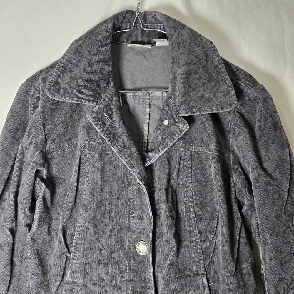 Chico's Women's Sz 1 Black Floral Corduroy‎ Jacket Button Up - Picture 4 of 6